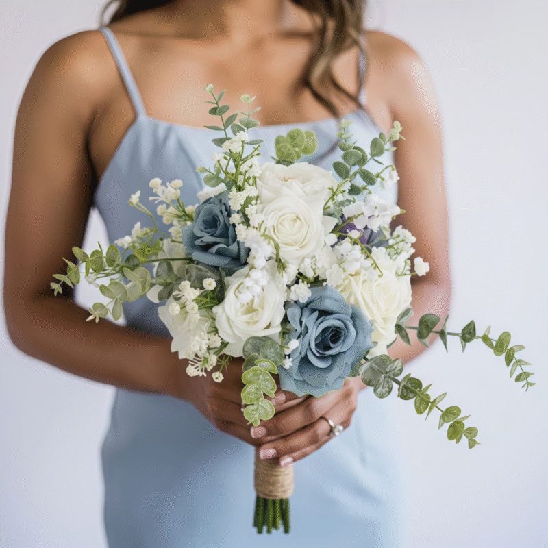 White and Blue Silk Bridal Bouquet - Eucalyptus and Baby's Breath Accents