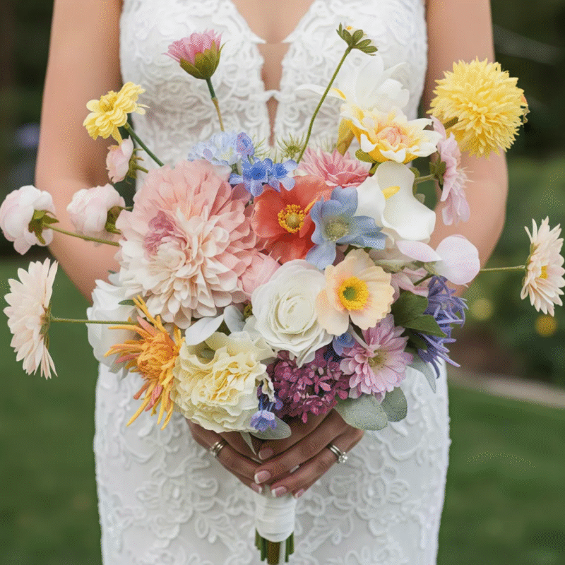 Soft Pastel Silk Bridal Bouquet - Blush, Peach, and Light Blue Tones