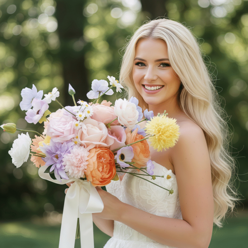 Pastel Wedding Flowers Peach, Pink, and Lavender Bohemian Handheld Design