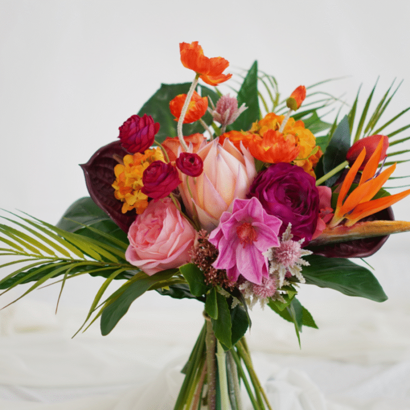 Lush Tropical Silk Bridal Bouquet - Mix Flowers and Vibrant Foliage