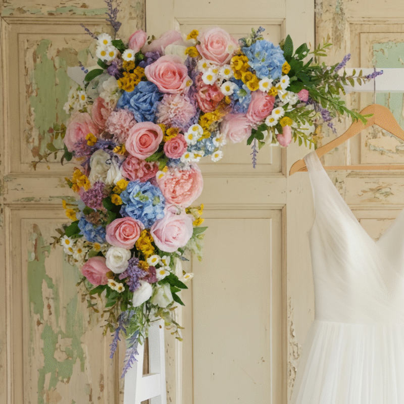 Rustic Wedding Arch Flowers Peach, Coral, and Yellow Floral Arrangement