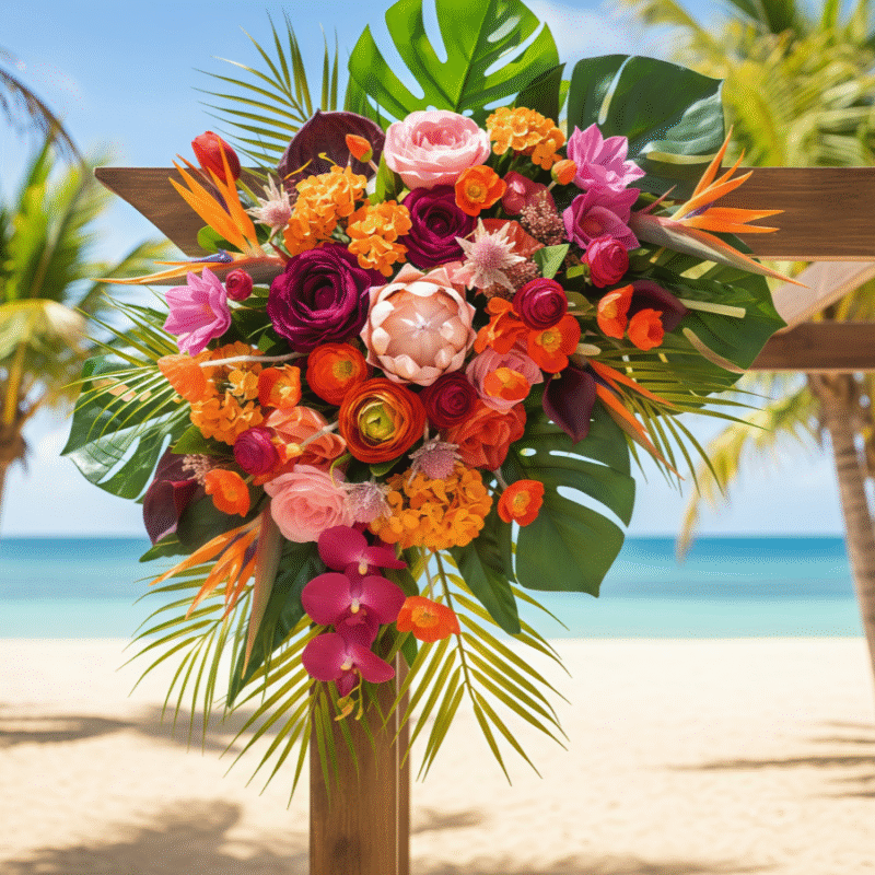 Tropical Wedding Arch Flowers Vibrant Orange, Pink, and Magenta Arrangement
