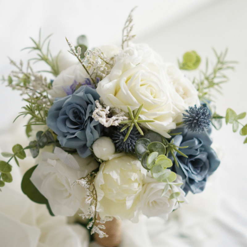 Dusty Blue and White Silk Bridal Bouquet - Thistle and Eucalyptus Accents