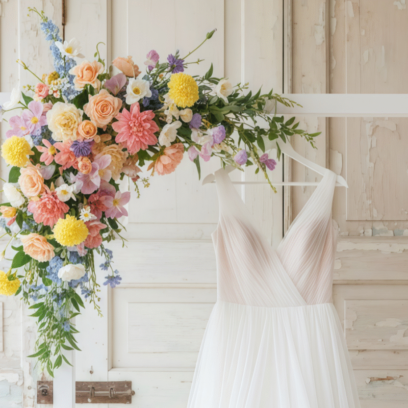 Pastel Wedding Arch Flowers  Pink Yellow and Blue Arrangement