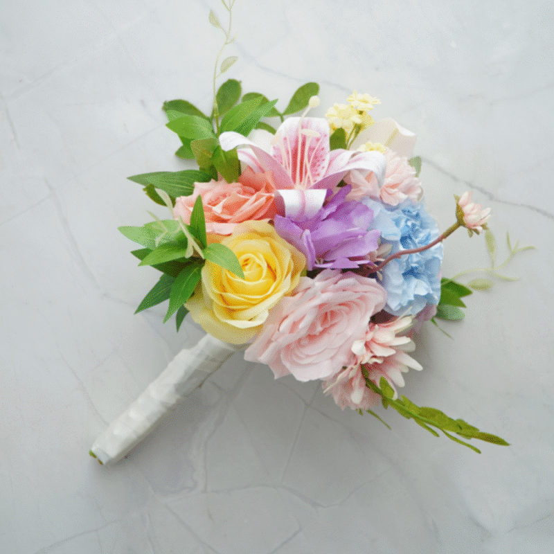 Dreamy Wedding Bouquet | Macaron Rainbow Rose, Lily, and Hydrangea Arrangement