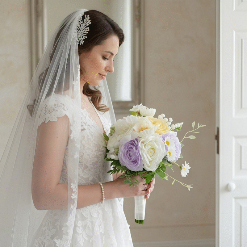 Elegant White Rose Wedding Flowers With Blush Yellow & Lavender Handheld Design