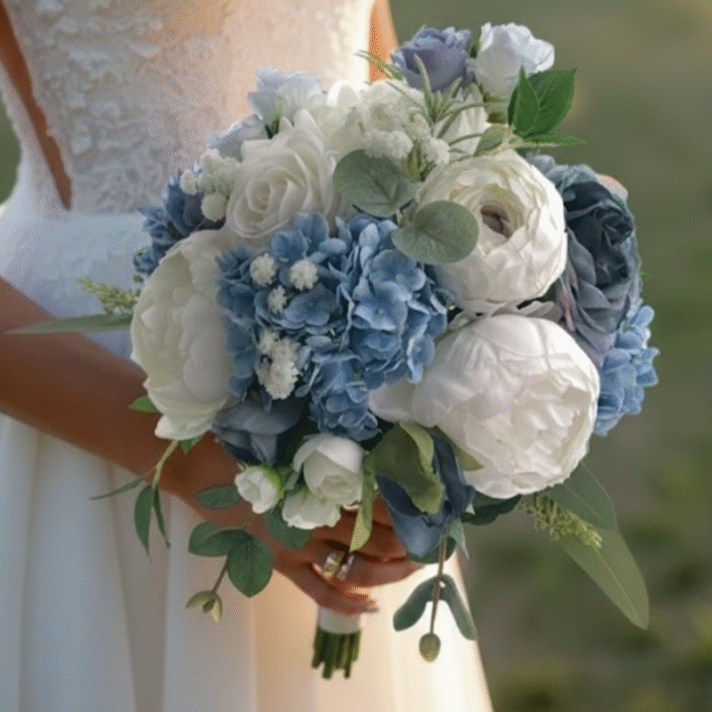 Classic Wedding Flowers Dusty Blue, White Peony, and Rose Arrangement