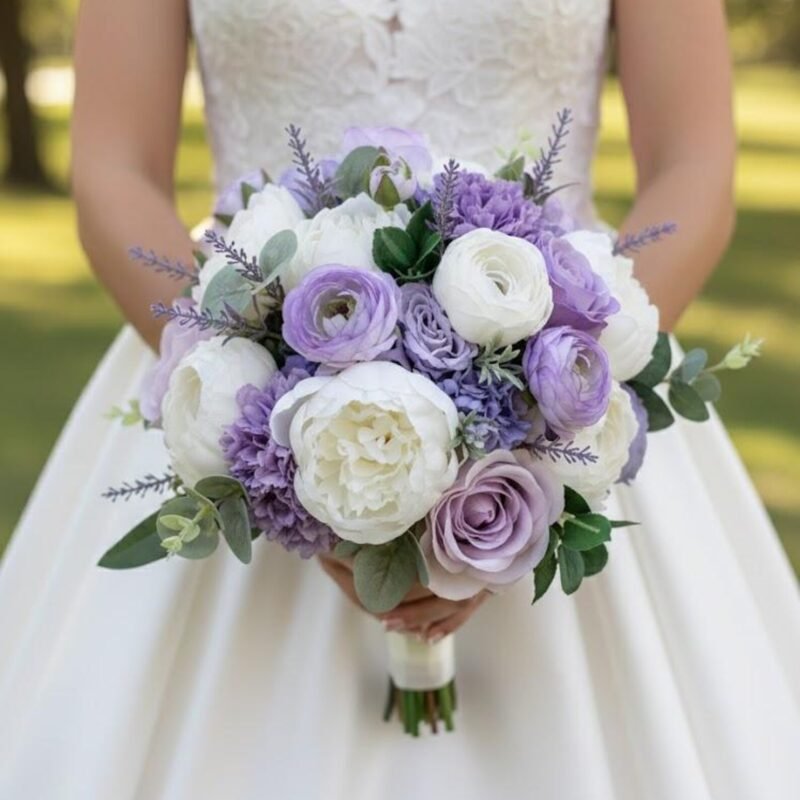 Elegant Wedding Flowers Lavender, Purple, and White Ranunculus Arrangement