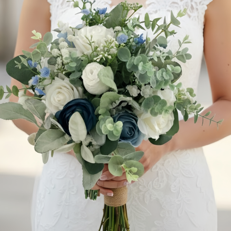 Elegant White Rose Wedding Flowers With Navy & Dusty Blue Bridal Bouquet