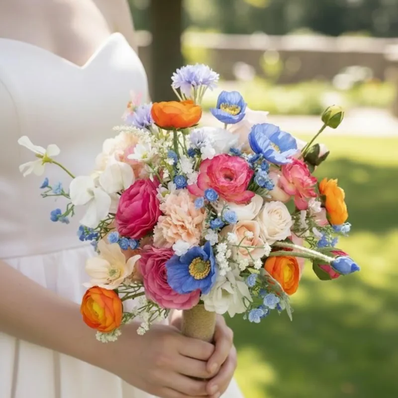 Vibrant Wedding Flowers Artistic Multi-Color Poppy, Rose, and Wildflower Arrangement