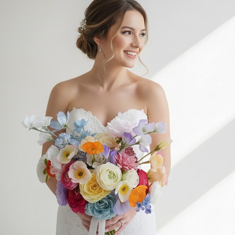 Whimsical Wedding Flowers Multi-Color Ranunculus and Sweet Pea Arrangement