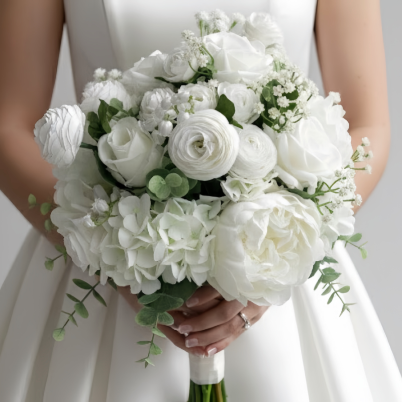 Elegant White Rose Wedding Flowers With White Peony & Ranunculus Bridal Bouquet