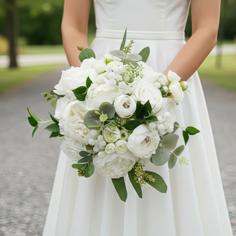 Classic Wedding Flowers White Peony, Ranunculus, and Eucalyptus Arrangement