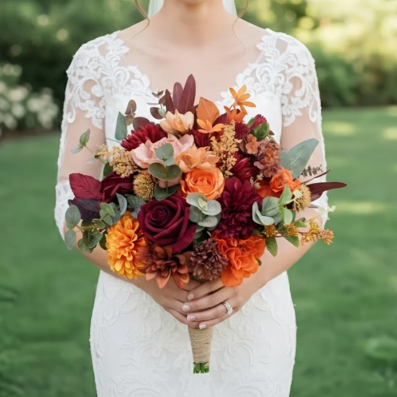 Fall Wedding Silk Bridal Bouquet - Orange and Burgundy Autumn Arrangement