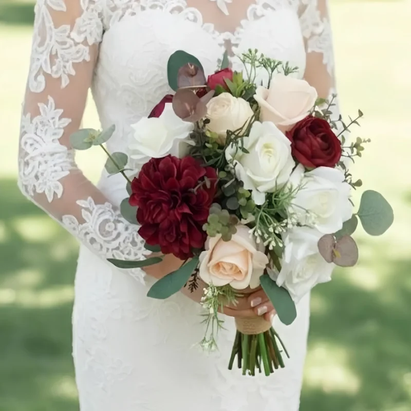Elegant White Rose Wedding Flowers With Champagne & Burgundy Bridal Bouquet