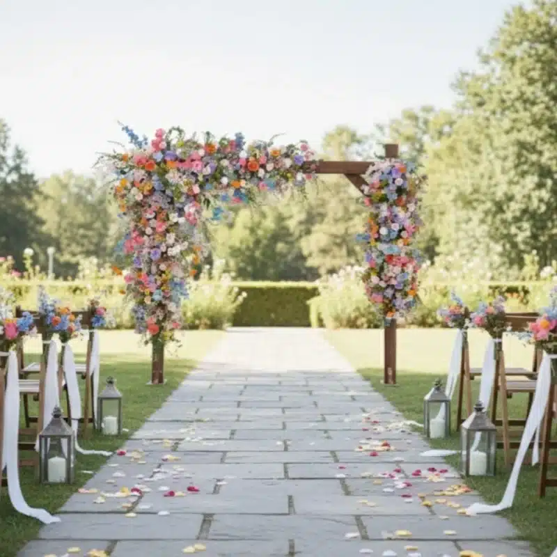 Whimsical Garden Arch Florals | Vibrant Wildflower & Mixed Pastel Ceremony Decor