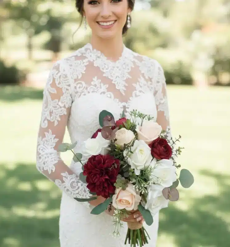 Elegant White Rose Wedding Flowers With Champagne & Burgundy Bridal Bouquet