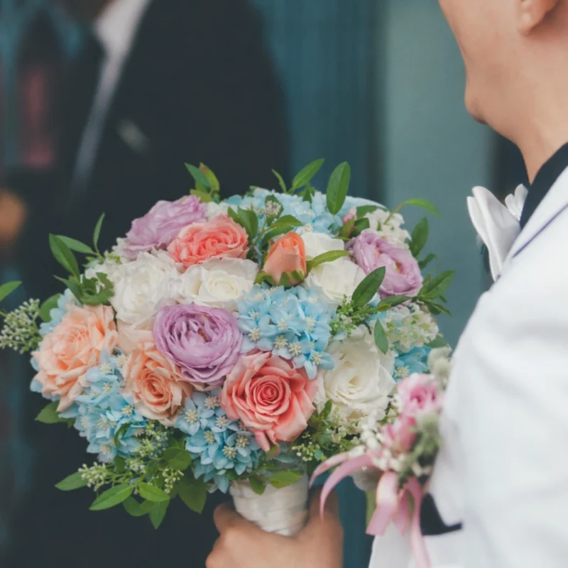 Pastel Wedding Bouquet Flowers Peach, Lavender & Sky Blue Bridal Bouquet