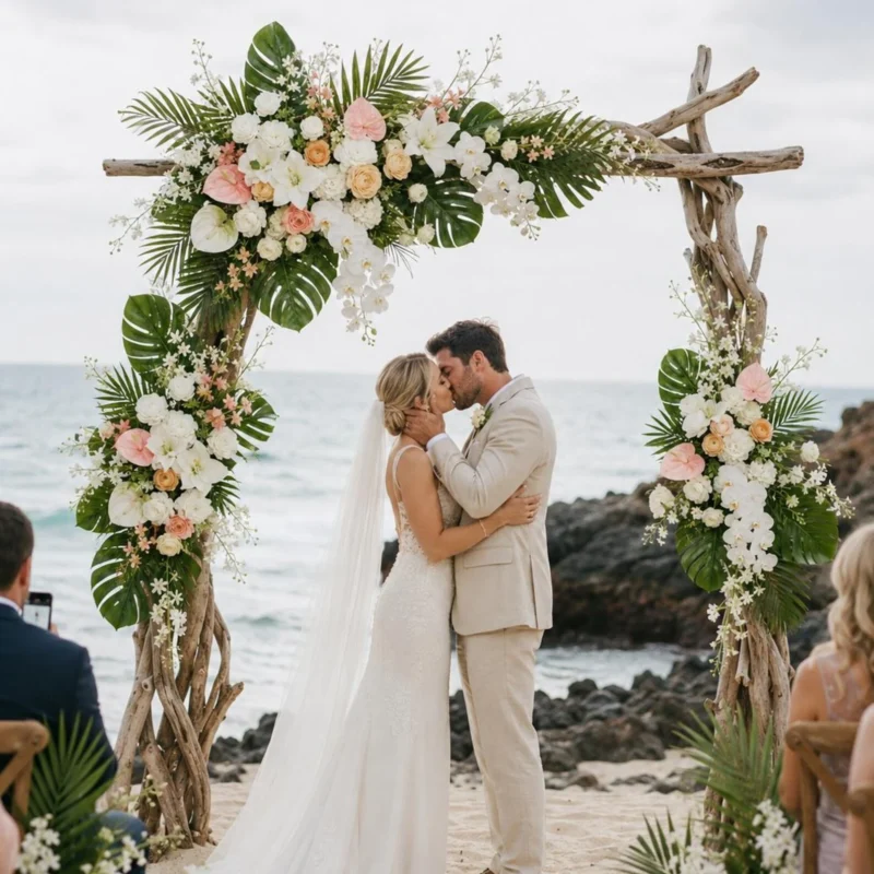Tropical White & Blush Pink Monstera Palm Ceremony Florals | Island Beach Wedding Flower Set